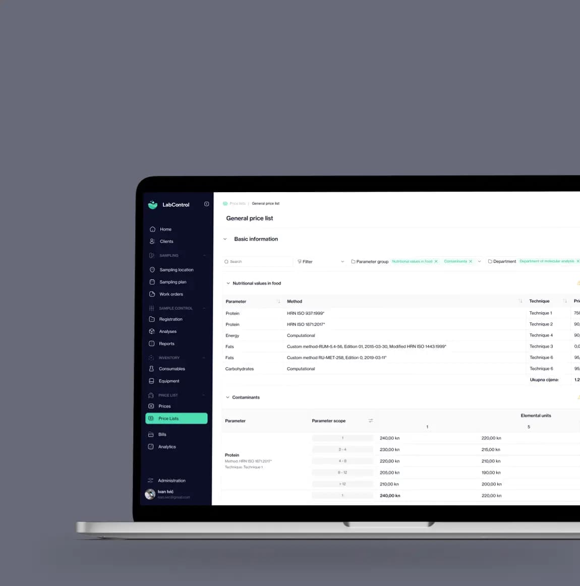 Lab Control general price list dashboard