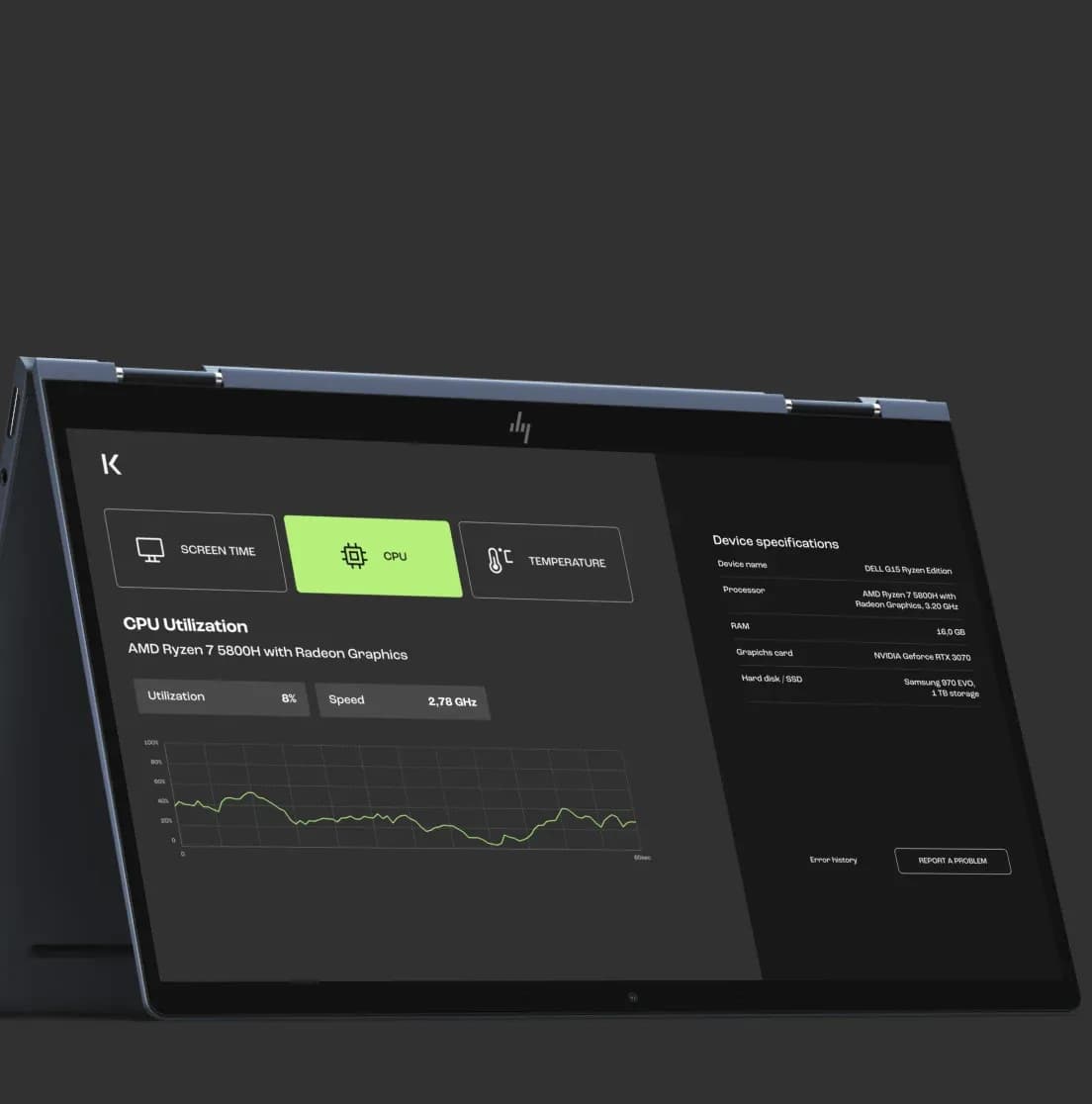 Kamiks Leasing CPU details preview on touch device